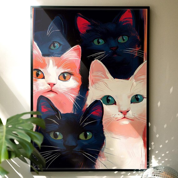 Colorful Cats Close Up Art Poster Kitsch Maximalist Cat Lover Decor