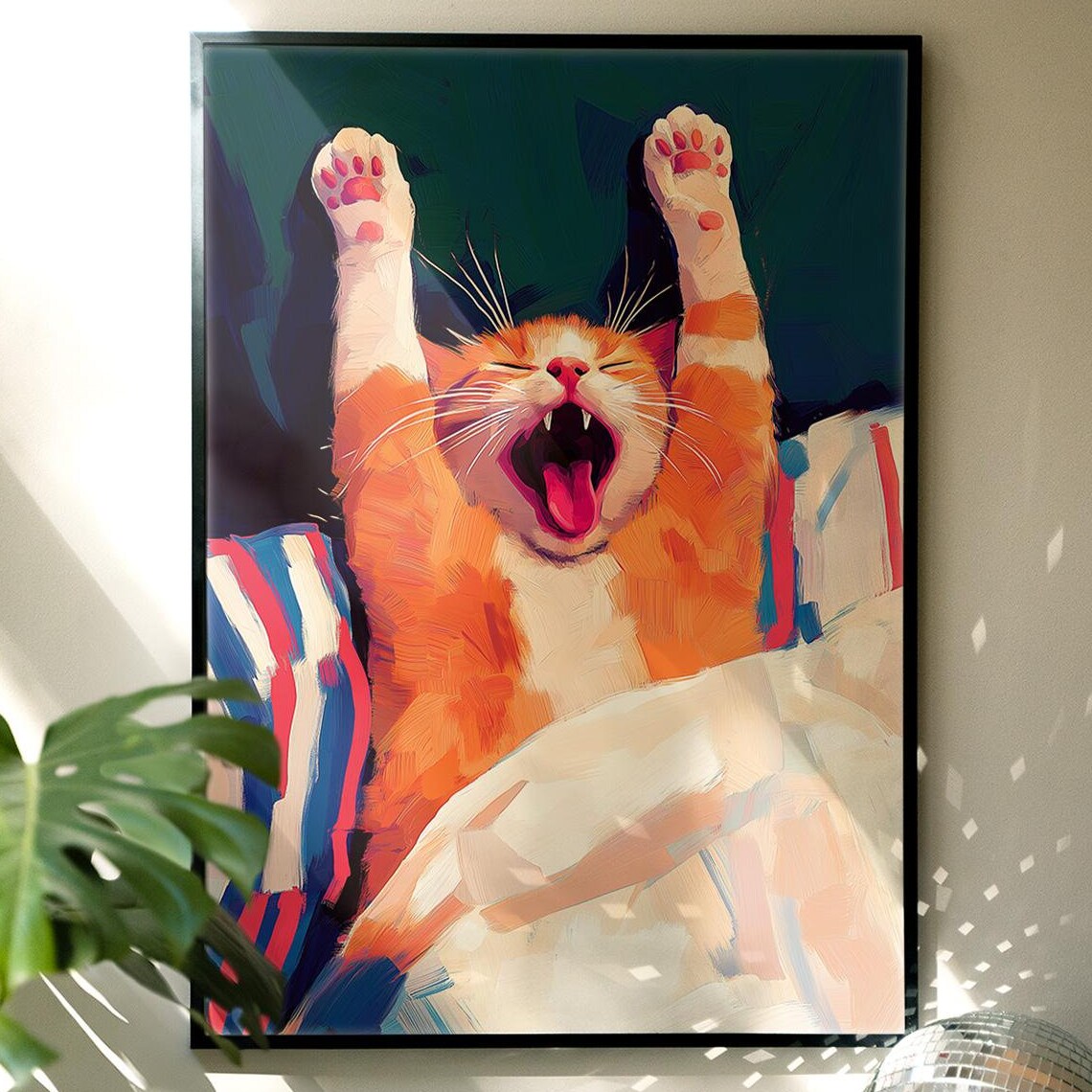 Yawning Orange Cat Poster Funny Sleepy Kitten Paws Stretch Wall Decor