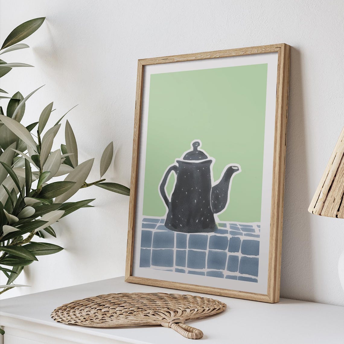 Classic Black Teapot Green Minimalist Kitchen Still Life Poster - Image 4