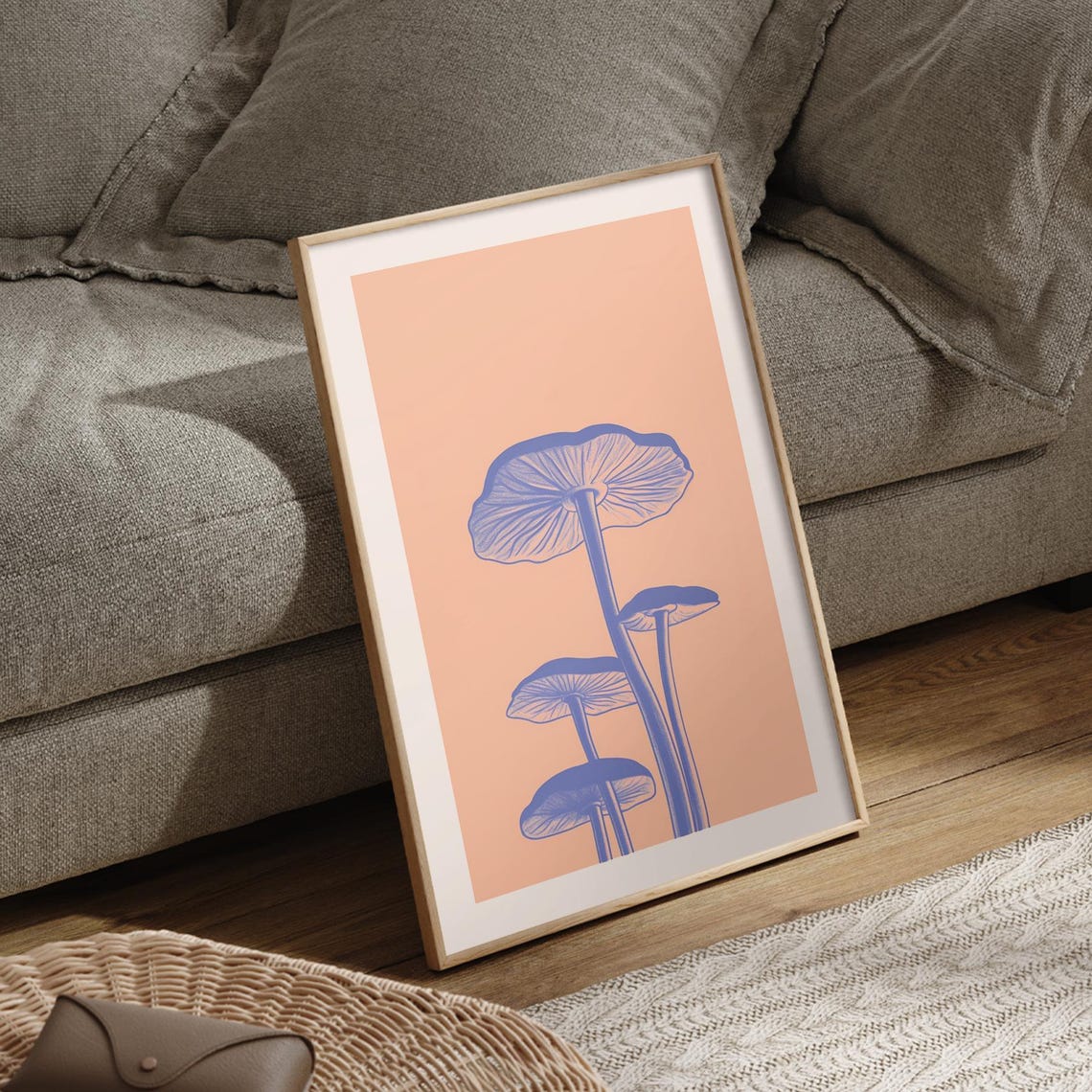 Blue Mushrooms Peach Background Botanical Illustration Poster