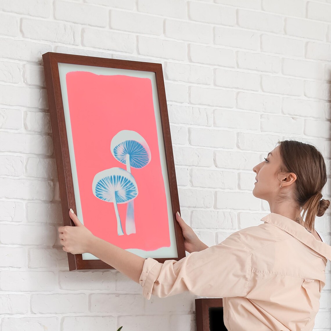 Glowing Mushroom Pair Blue Pink Modern Botanical Fungi Poster - Image 4
