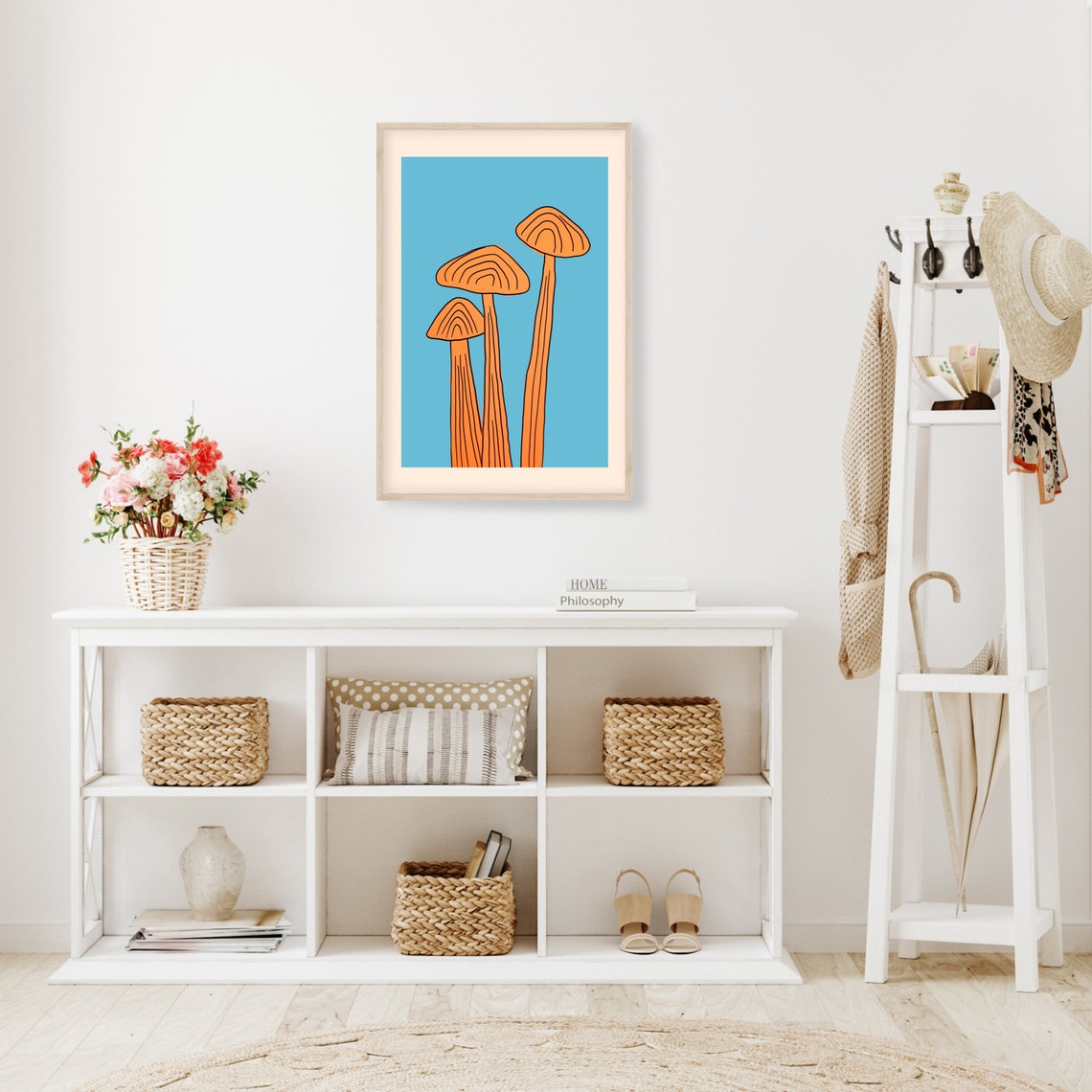 Orange Mushrooms on Blue Minimalist Fungi Illustration Poster - Image 3