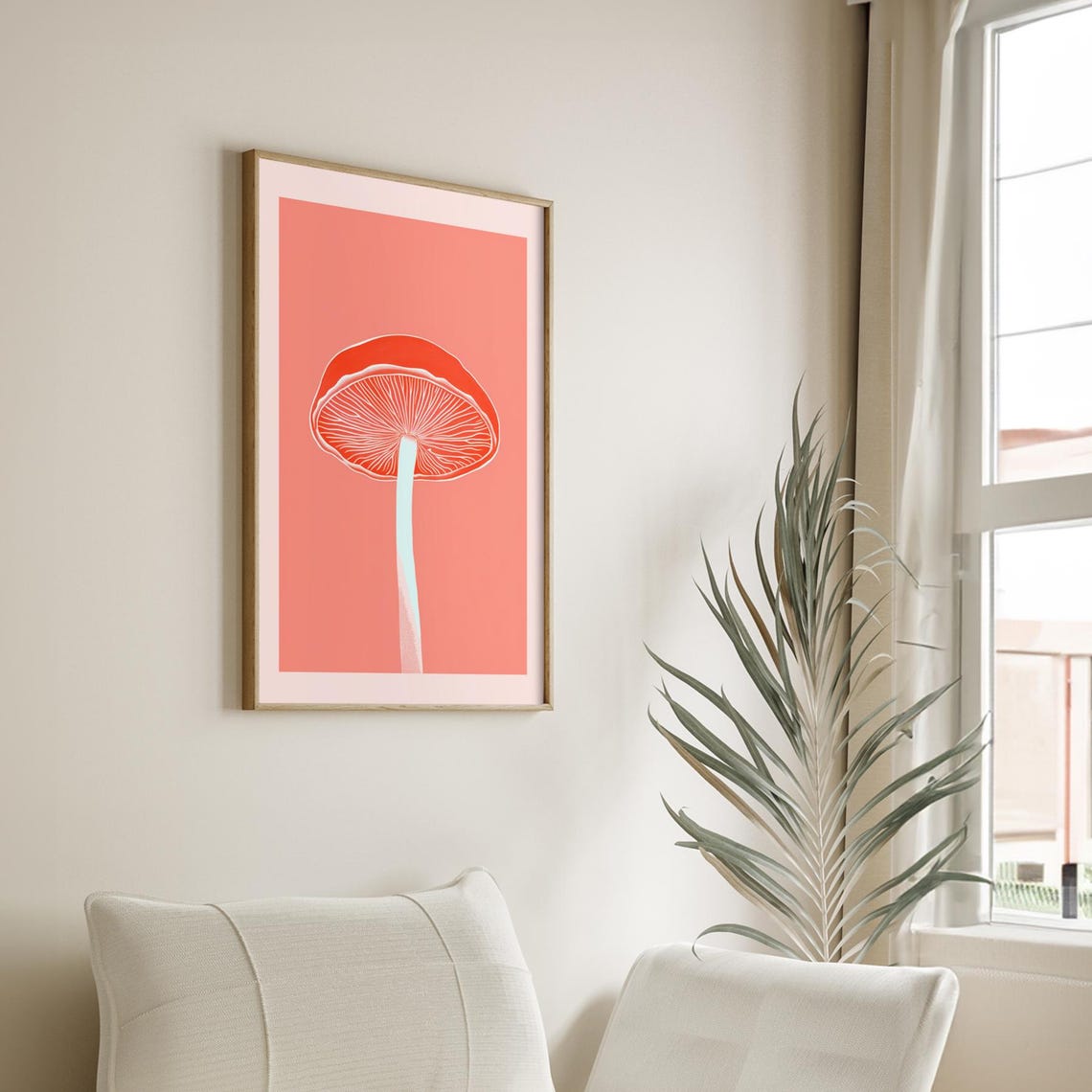 Red Mushroom Single Botanical Close-Up Coral Illustration Poster - Image 4