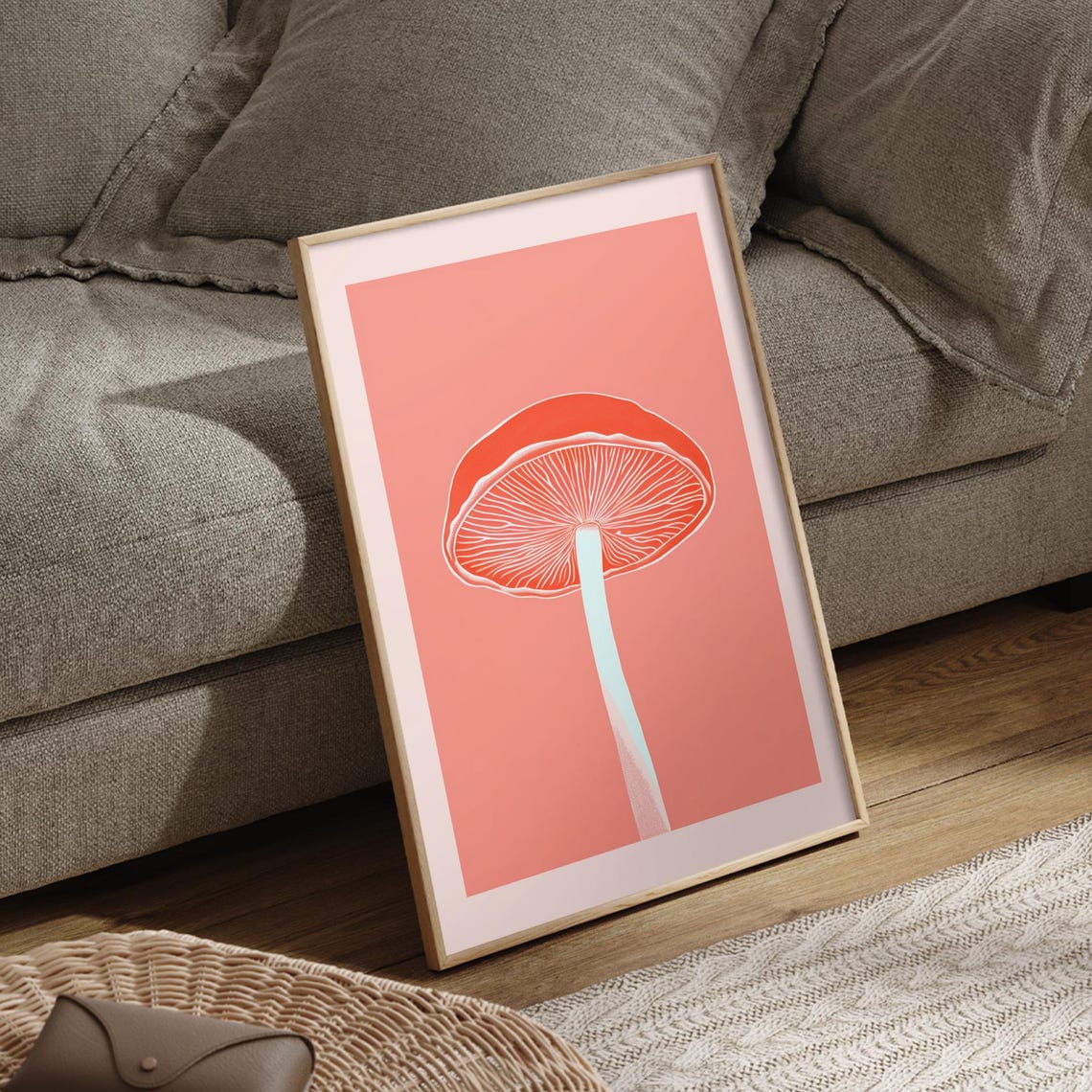 Red Mushroom Single Botanical Close-Up Coral Illustration Poster