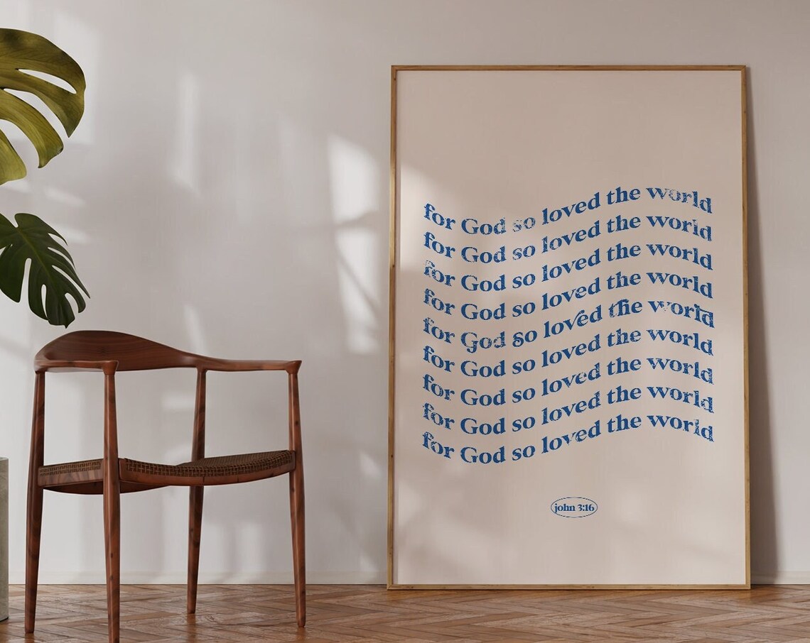 For God So Loved the World John 3 Cream Blue Wavy Christian Poster