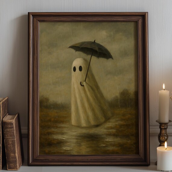 Rainy Day Wall Art Moody Oil Painting Halloween With Umbrella Cute Spooky Decor