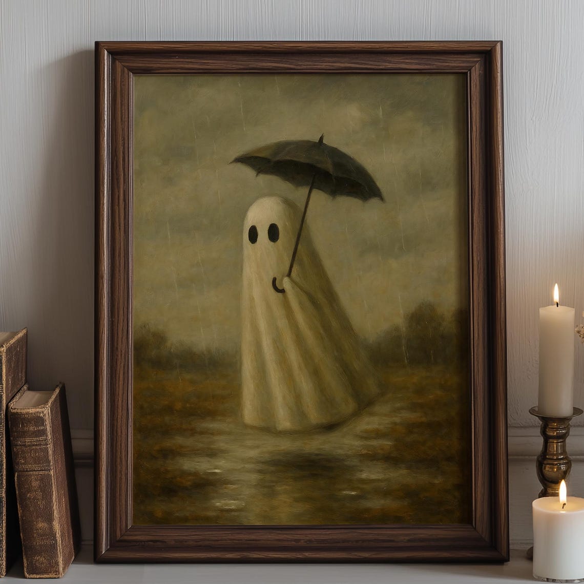 Rainy Day Wall Art Moody Oil Painting Halloween With Umbrella Cute Spooky Decor