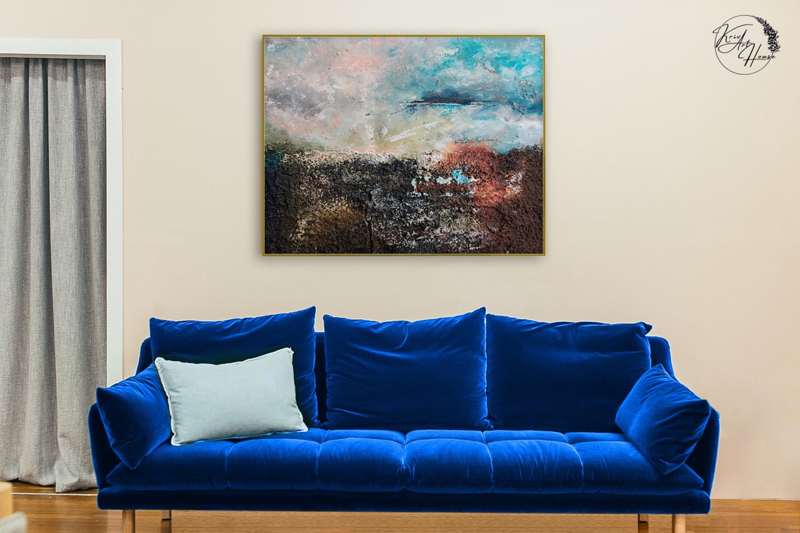 Dark Teal Cloud Abstract Black Ground Rust Accents Wall Art Print - Image 3