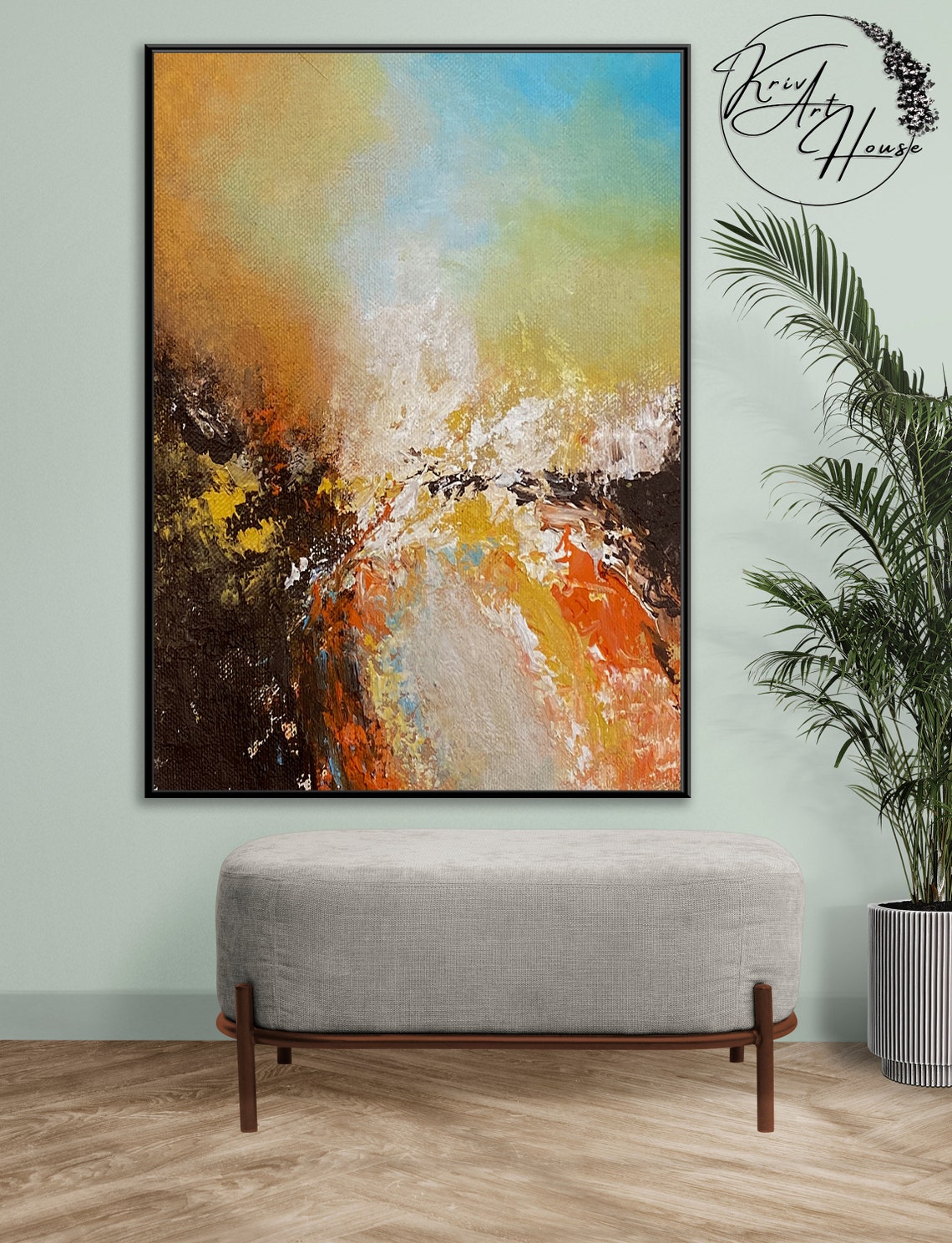 Orange Blue Sky Fiery Earth Abstract Painting Warm Modern Wall Poster - Image 3