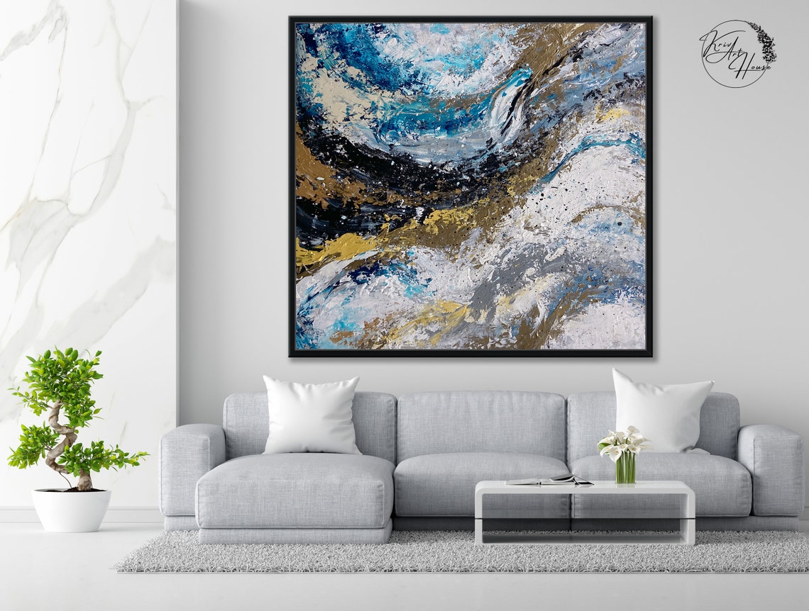 Blue Gold White Swirling Ocean Storm Abstract Vertical Art Poster - Image 3