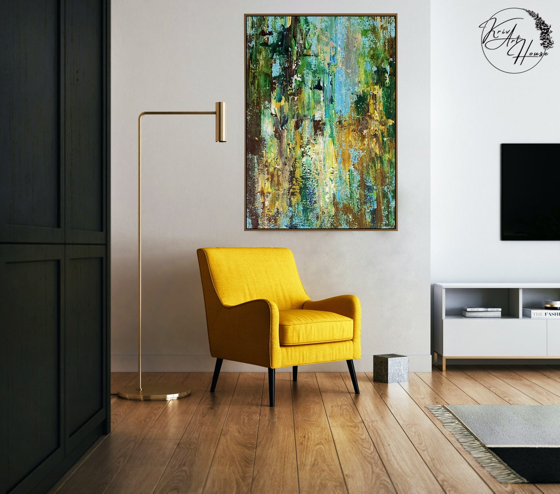 Green Gold Blue Forest Textured Abstract Square Wall Art Poster - Image 3