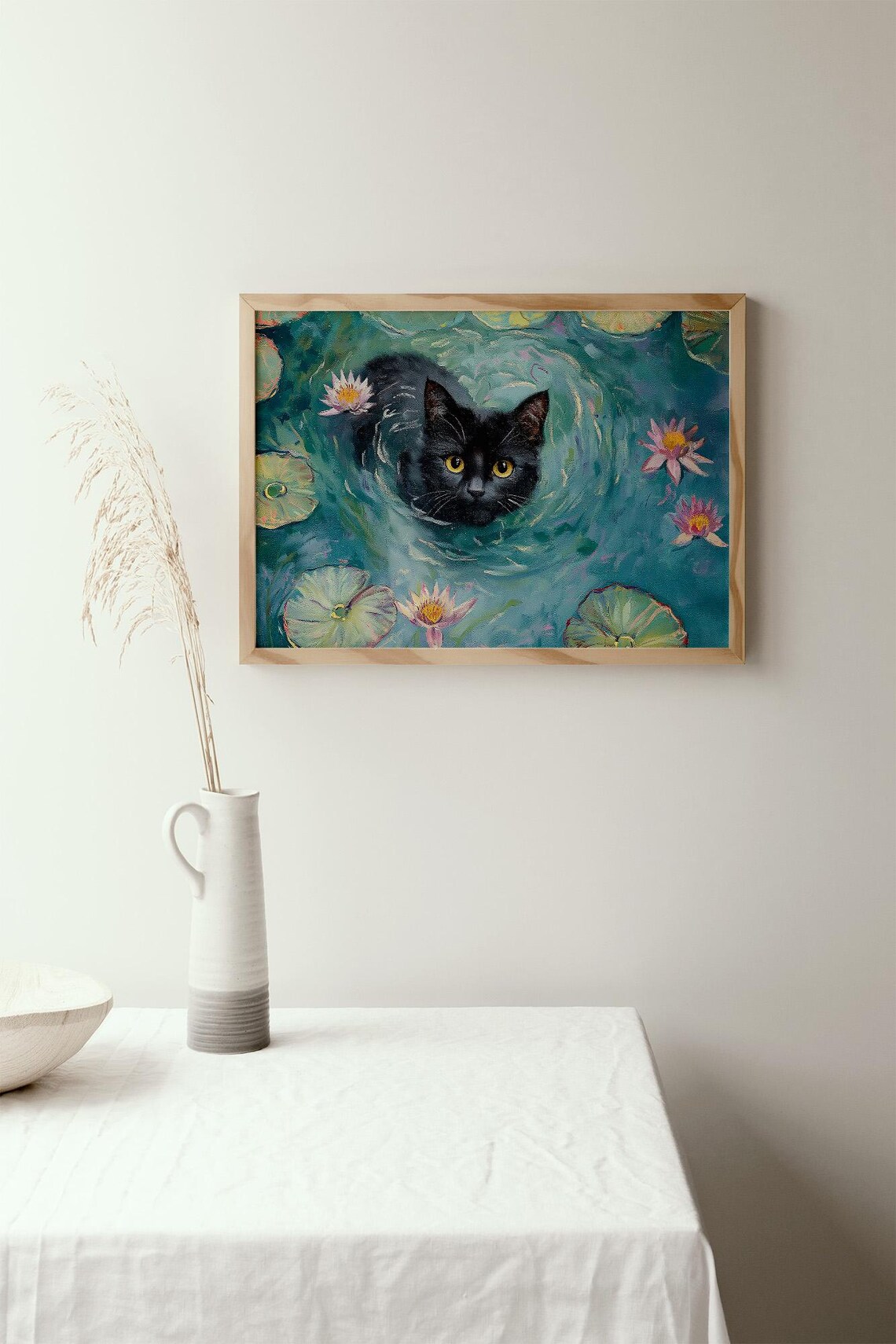 Black Cat Water Lilies Pond Impressionist Oil Painting Poster - Image 3