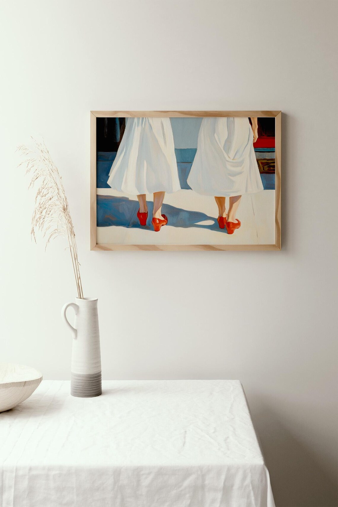 Women In White Dresses Red Shoes Sunlit Fashion Street Poster - Image 2