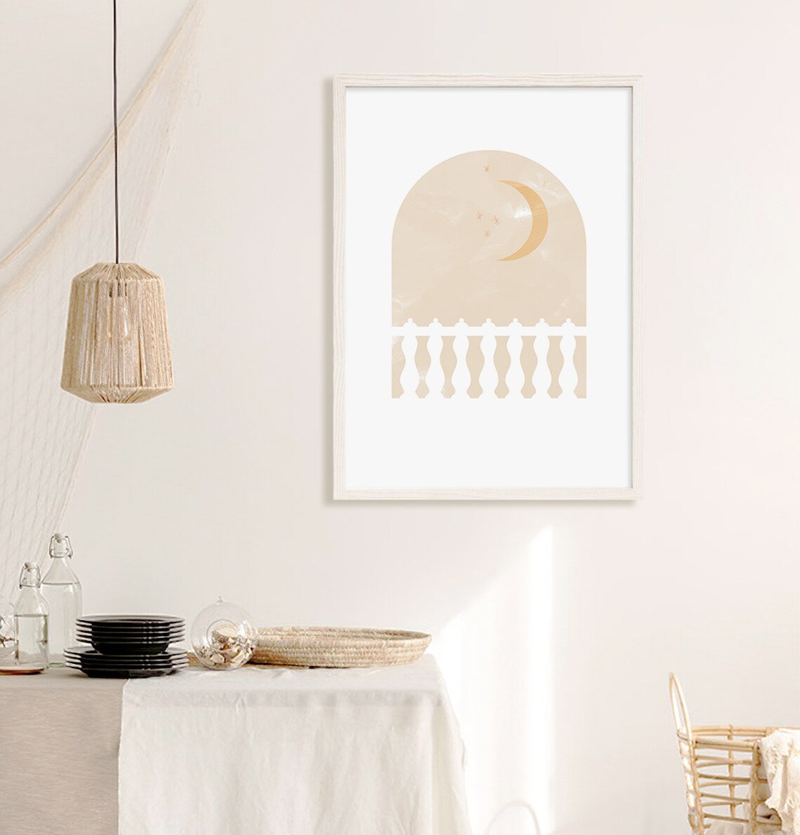 Crescent Moon and Stars Over Balustrade Arch Dreamy Night Art Poster - Image 2