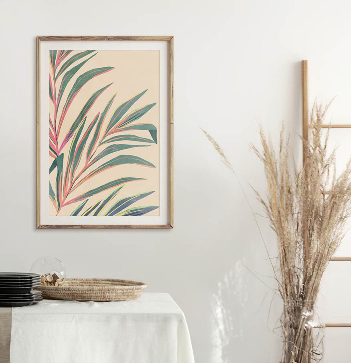 Tropical Palm Leaf Green Pink Peach Botanical Painting Wall Art - Image 2