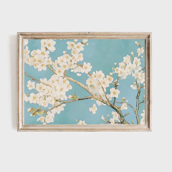 Cherry Blossom Art Print White Flowers Blue Sky Painting Japanese Floral Wall Decor Spring Bloom Artwork Botanical Poster