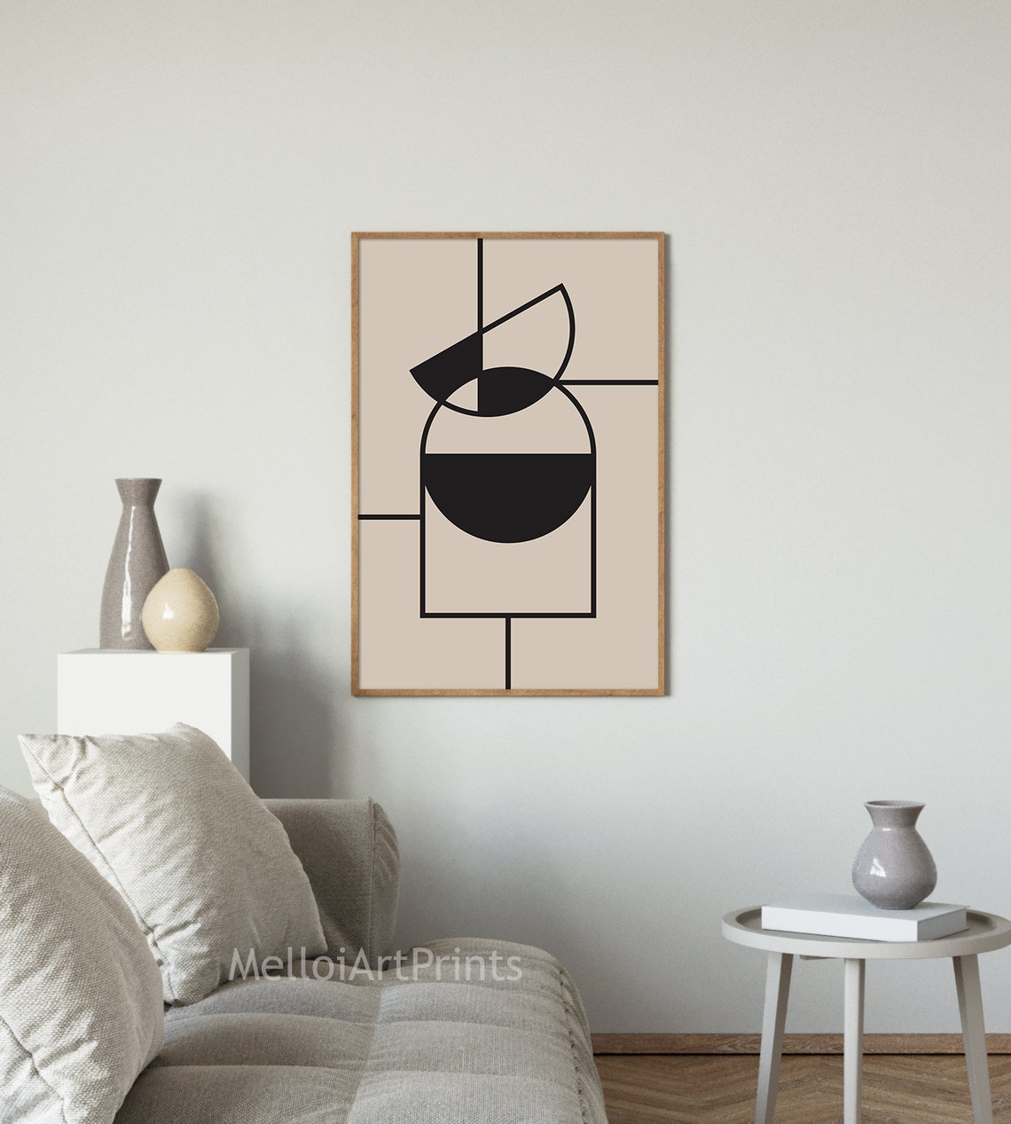 Black Geometric Line Art Beige Abstract Circles Minimalist Poster - Image 2
