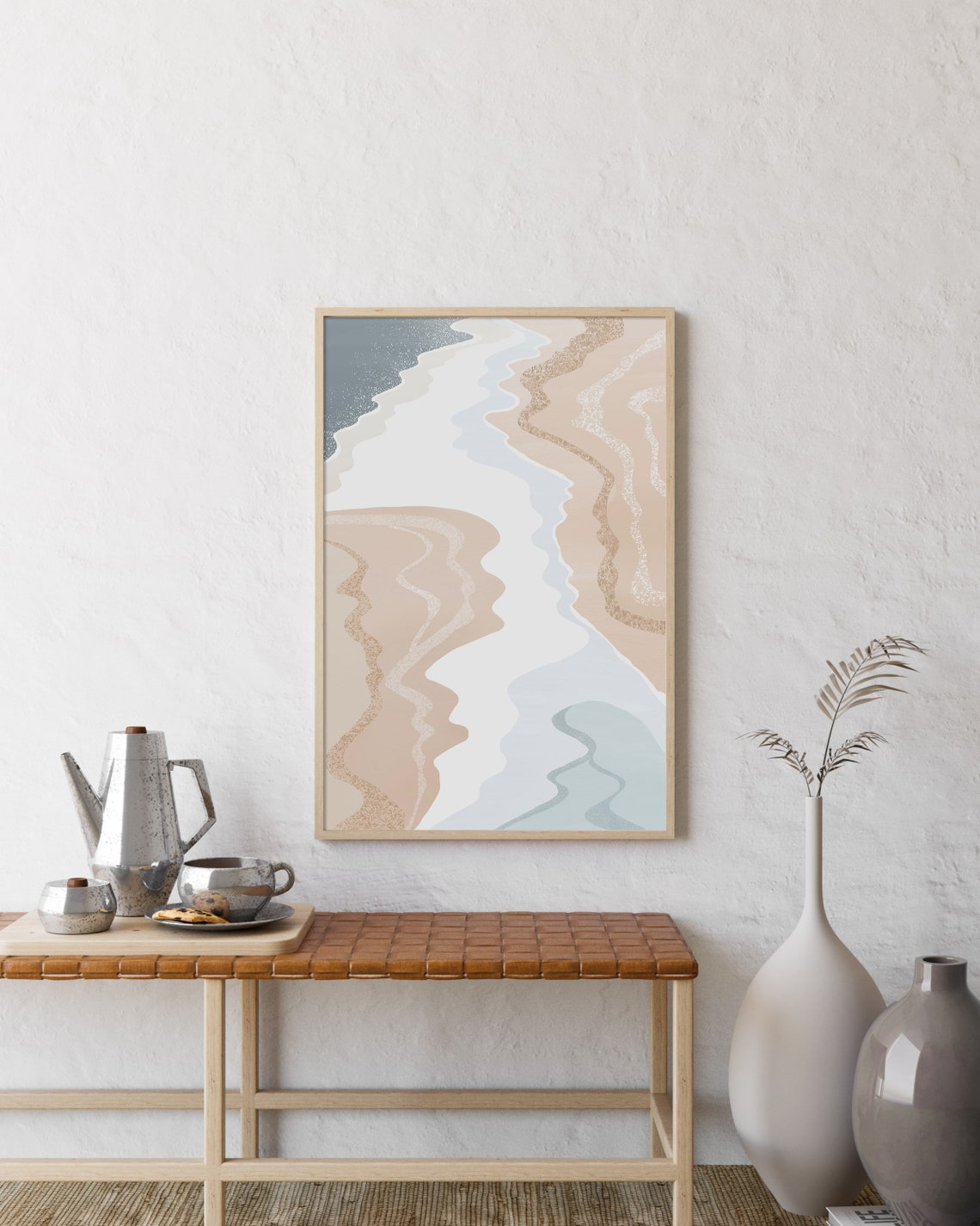 Abstract Flowing River Waves in Beige Gray and Gold Glitter Art Poster - Image 3