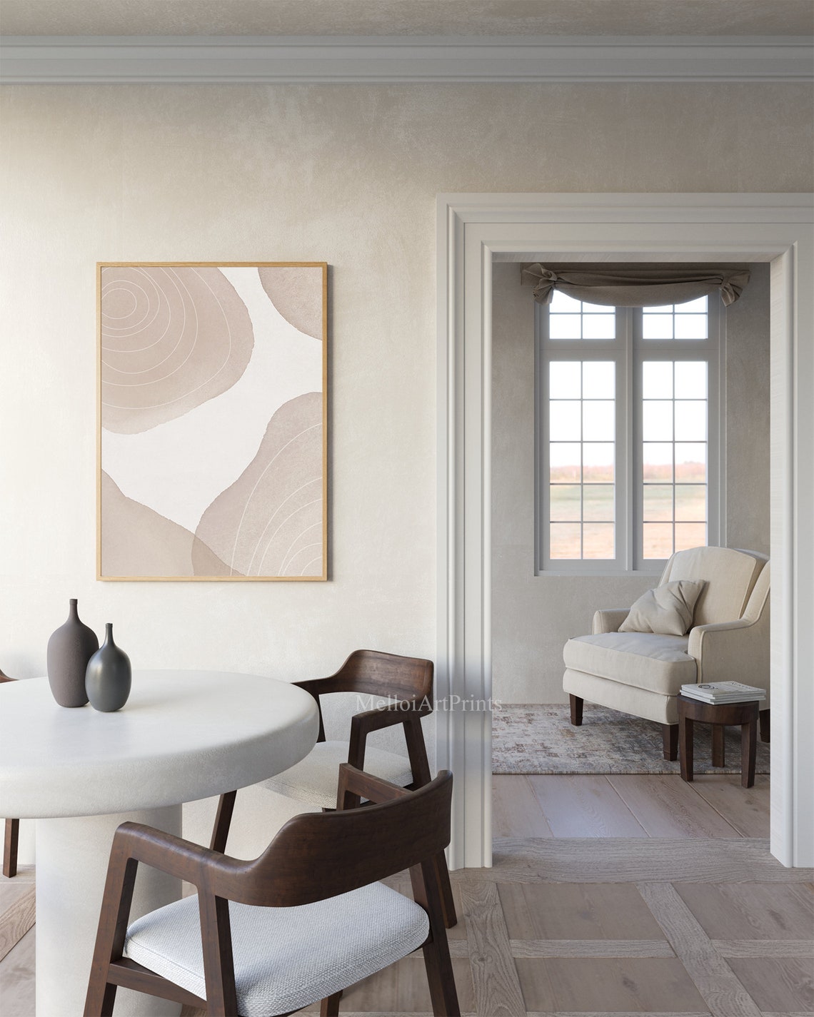 Beige Watercolor Shapes White Concentric Lines Modern Wall Poster - Image 3