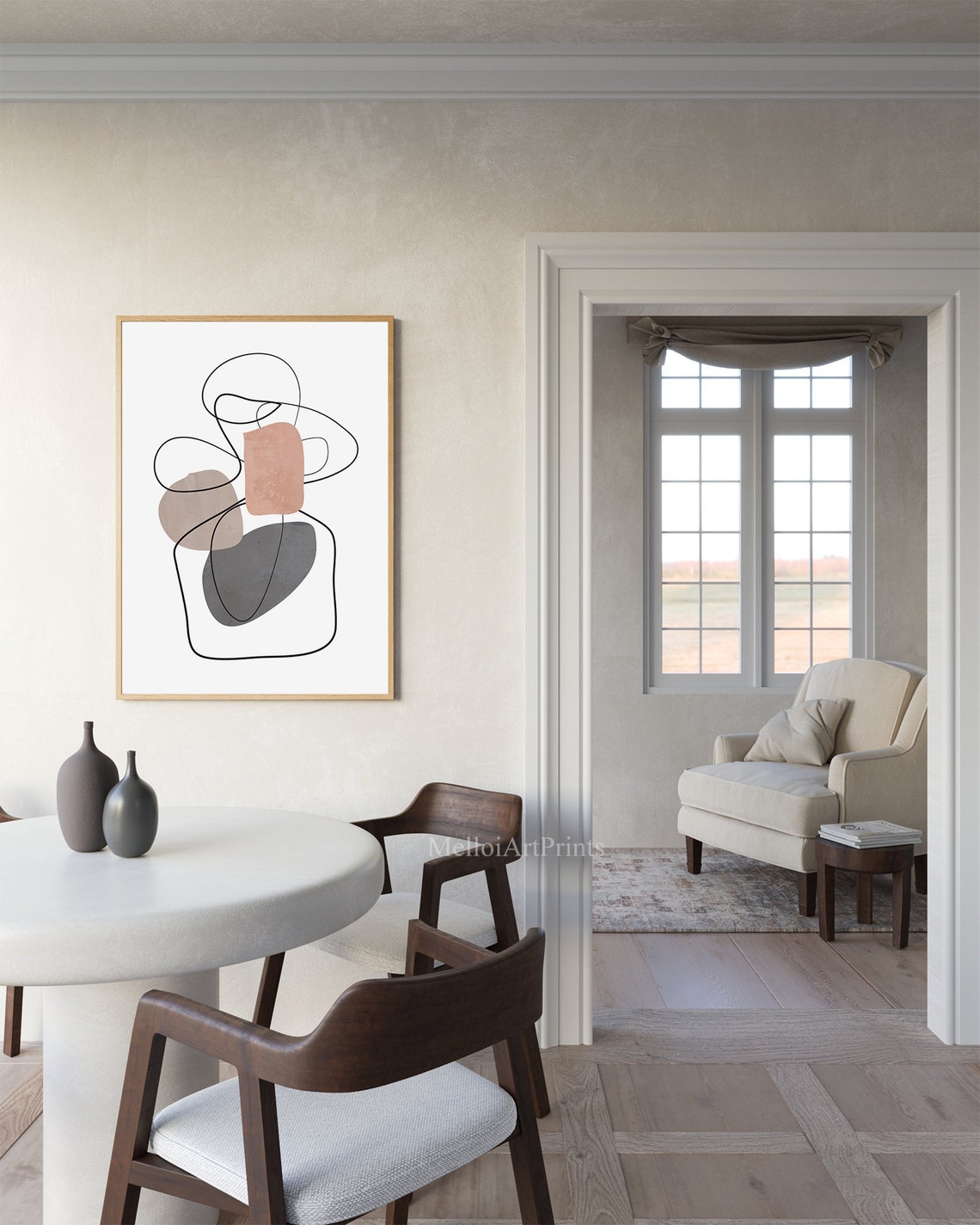 Continuous Black Line Abstract with Blush Shapes Modern Minimal Poster - Image 3