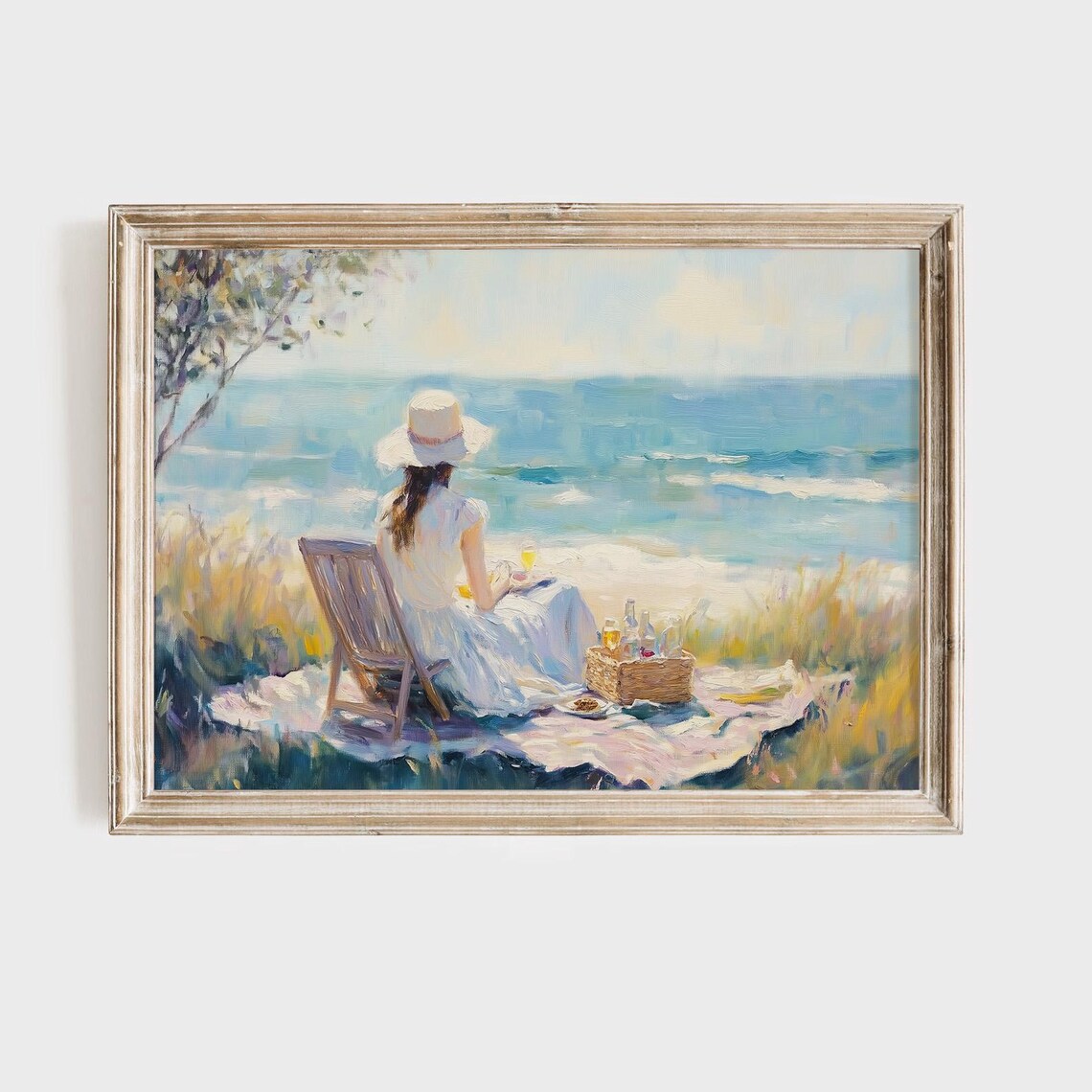 Serene Woman White Dress Sunhat Beach Picnic Ocean Painting Poster