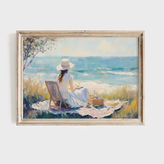 Serene Woman White Dress Sunhat Beach Picnic Ocean Painting Poster