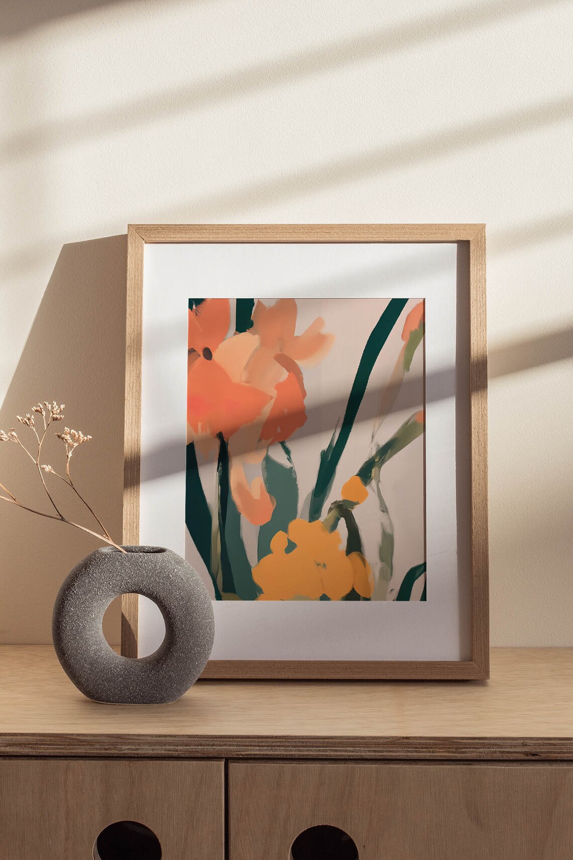 Coral Orange Abstract Flowers Dark Green Stems Botanical Poster - Image 3