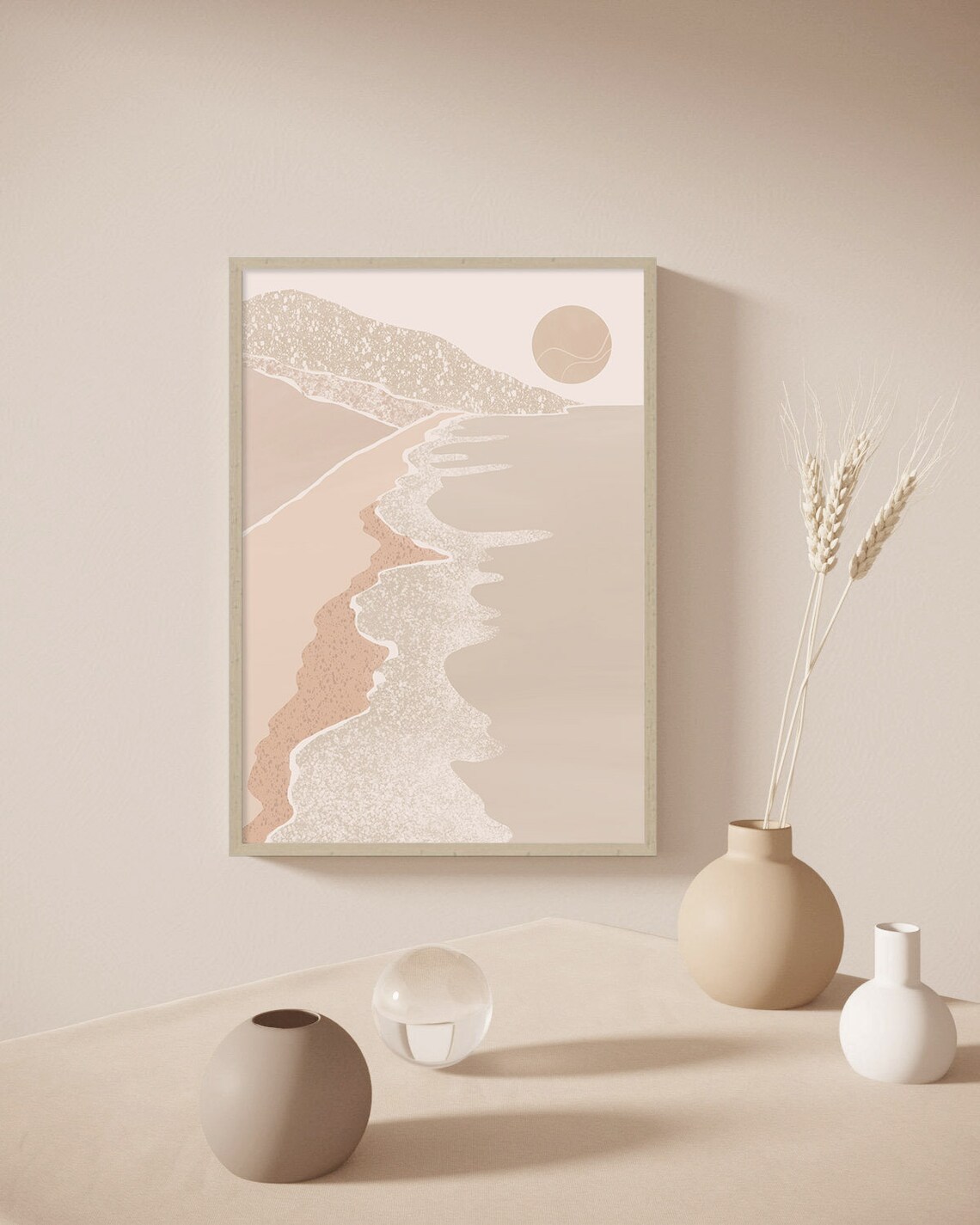 Neutral Beach Coastline Art Beige Ocean Waves Sun Modern Wall Poster - Image 2