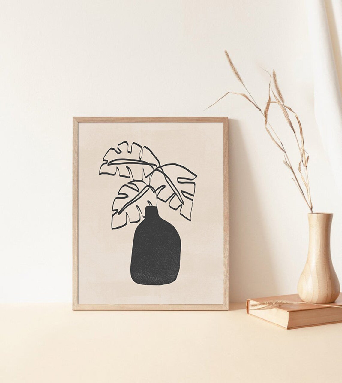 Black Vase with Monstera Leaves Line Art Beige Botanical Poster - Image 3