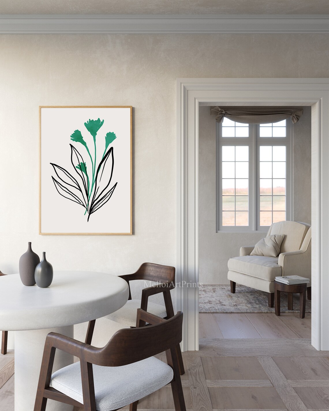 Botanical Line Art Design Teal Green Flowers Minimalist Wall Poster - Image 2