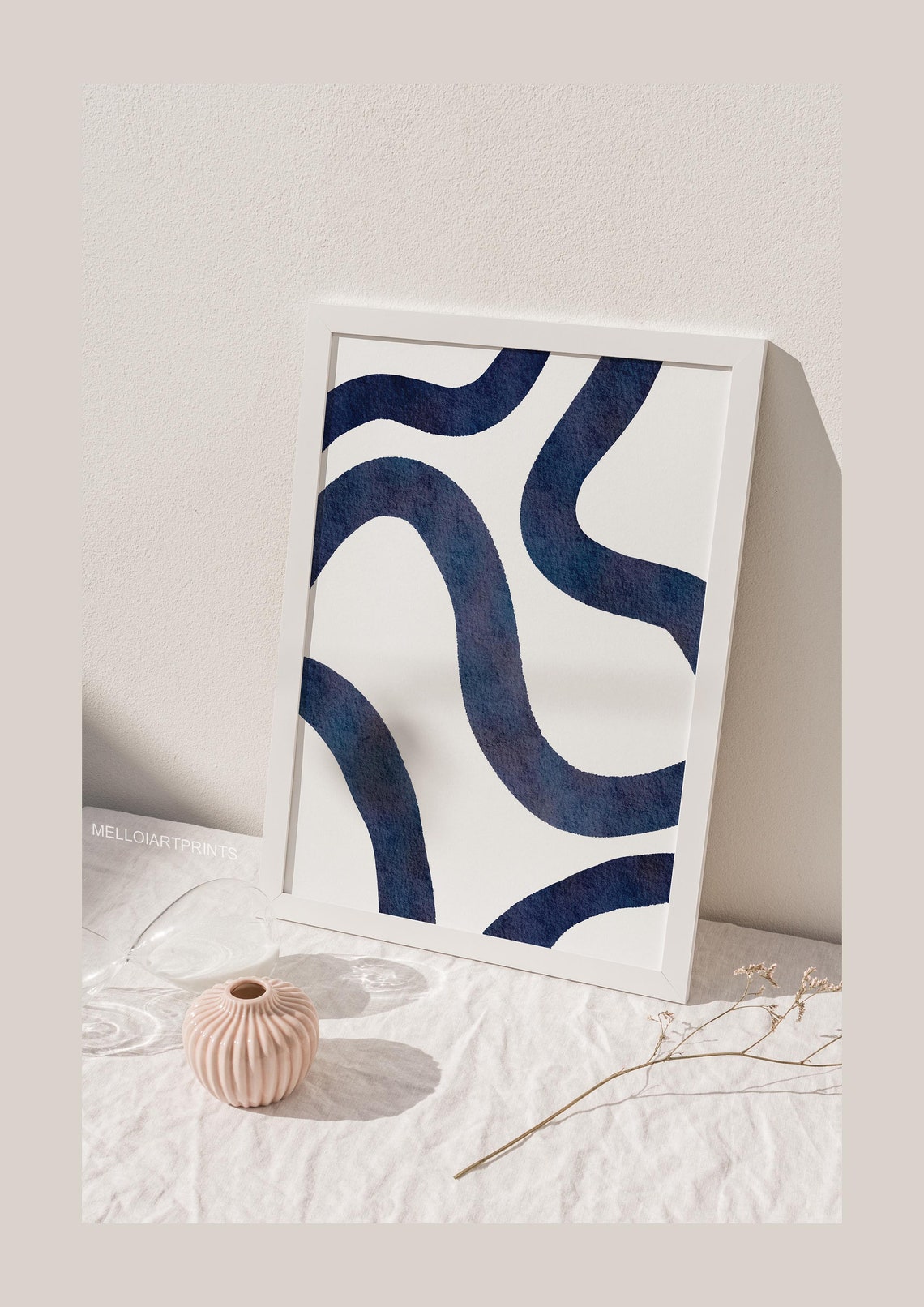 Navy Blue Flowing Curved Lines White Abstract Watercolor Poster - Image 4