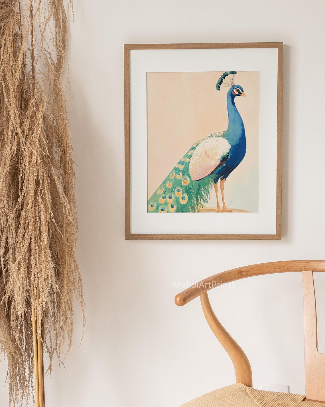 Vibrant Peacock Painting Pastel Blush Background Bird Wall Art - Image 3