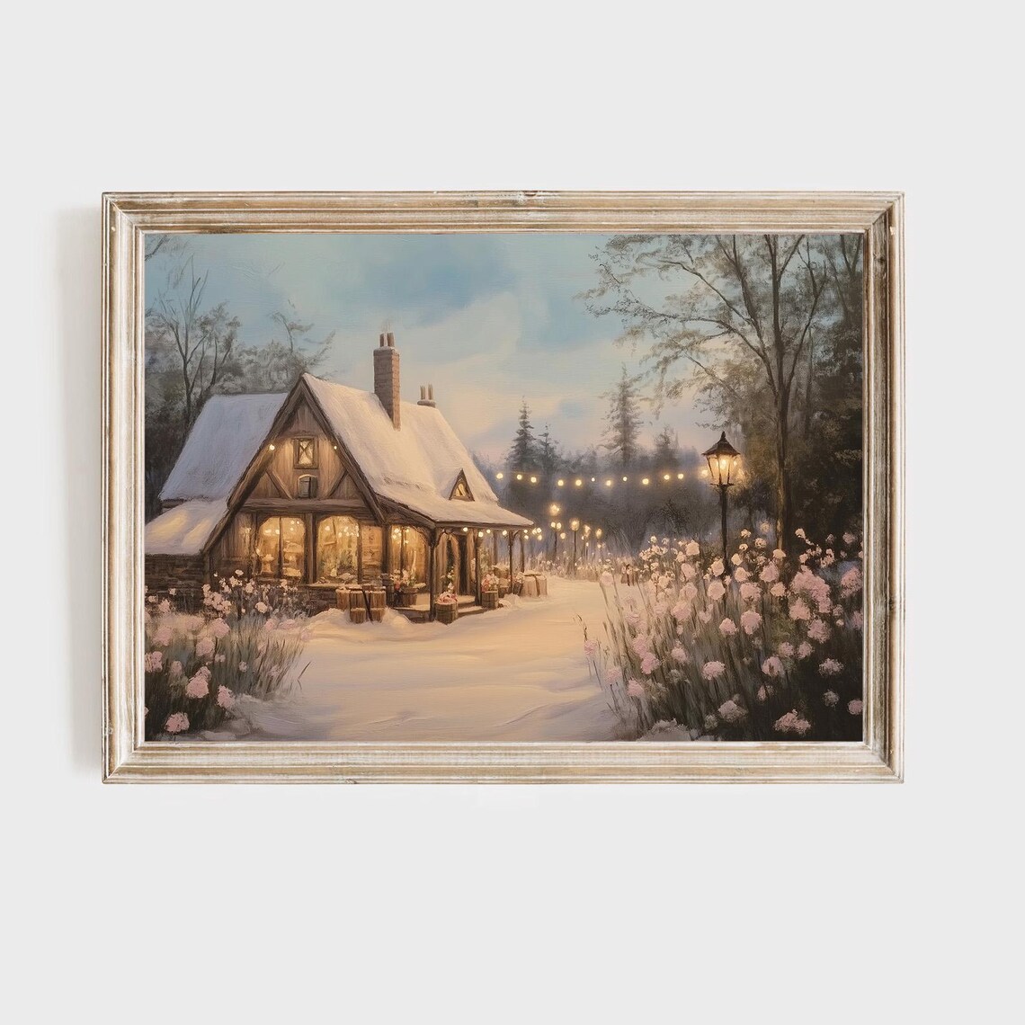 Cozy Snowy Cottage With Glowing Windows and Holiday Lights Winter Poster