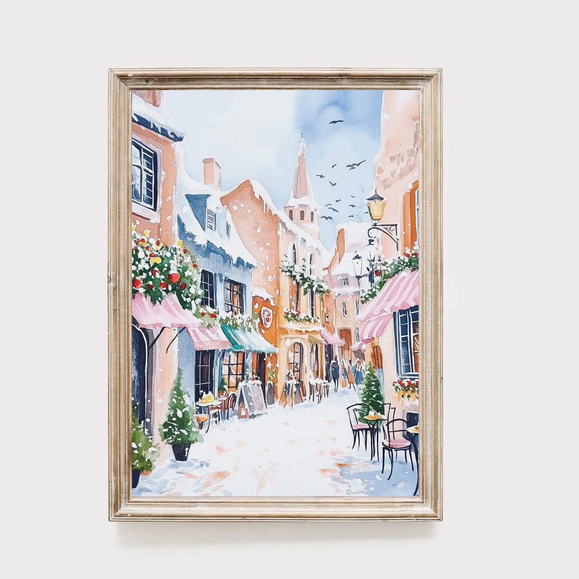 Winter European Street Print Snowy Town Watercolor Cozy Cafe Scene Christmas Village Artwork Romantic City Wall Art Holiday Decor