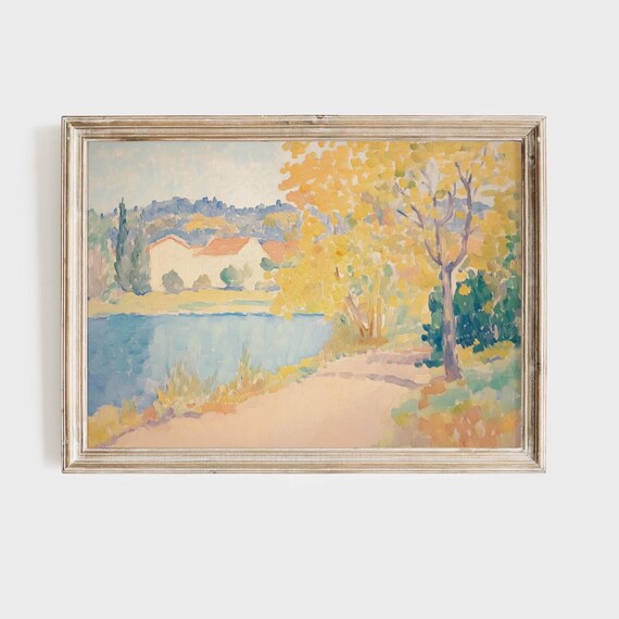 Autumn Riverbank Yellow Foliage Impressionist Landscape Wall Art