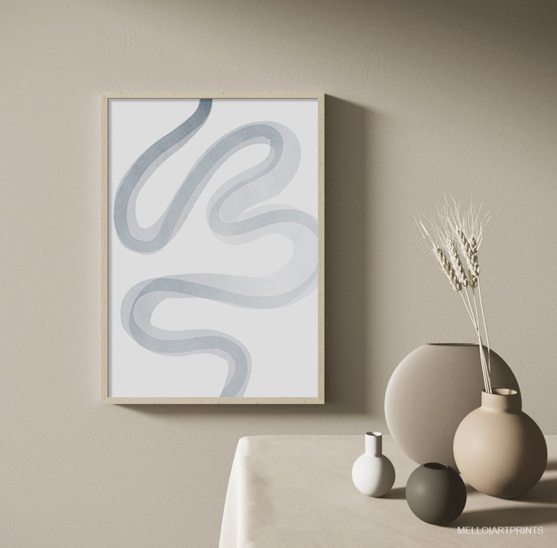 Blue Gray Watercolor Squiggle Minimal Zen Modern Abstract Poster