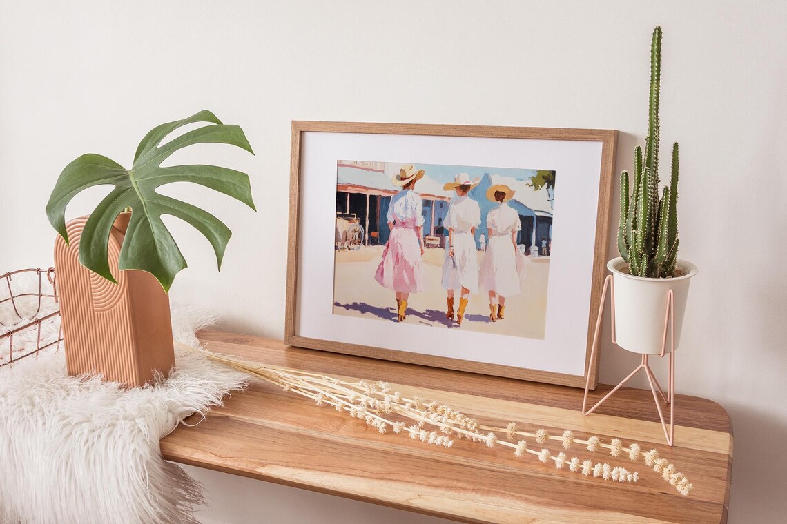 Three Cowgirls Walking Down Western Town Street Oil Painting Poster - Image 2