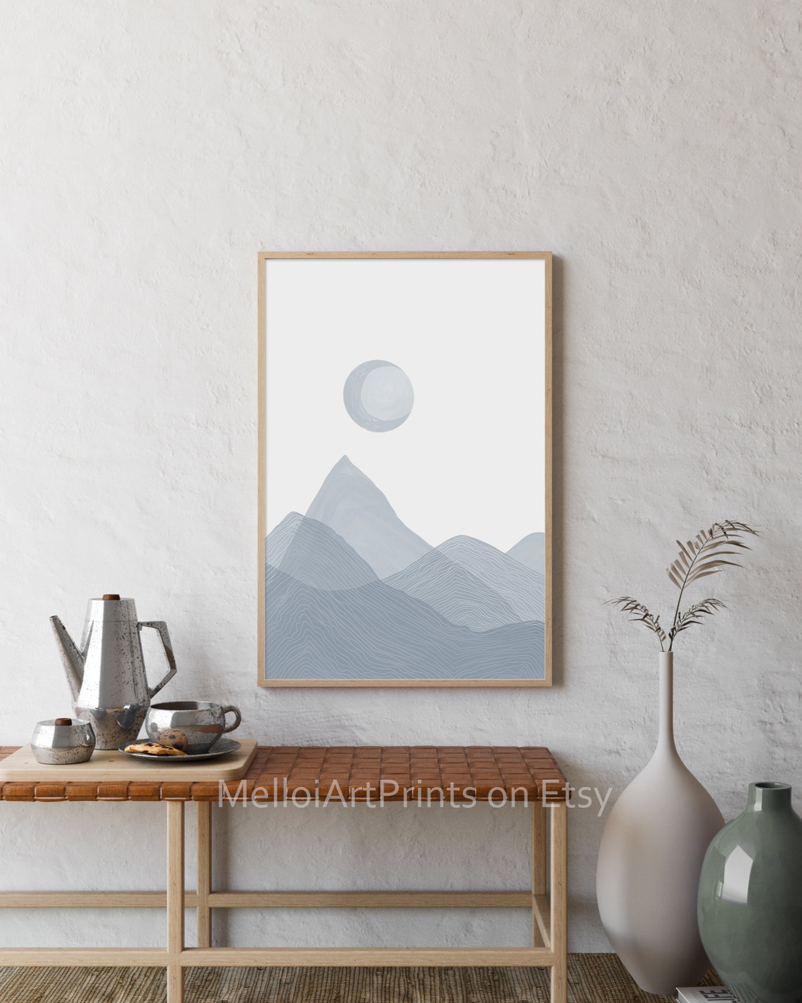 Blue Gray Mountain Moon Line Art Scandinavian Minimalist Print - Image 3