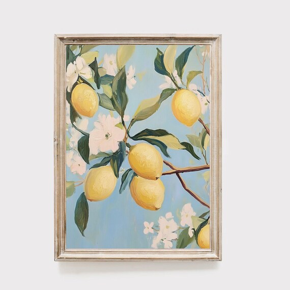Lemon Tree Branches With Blossoms Against a Blue Sky Citrus Wall Art