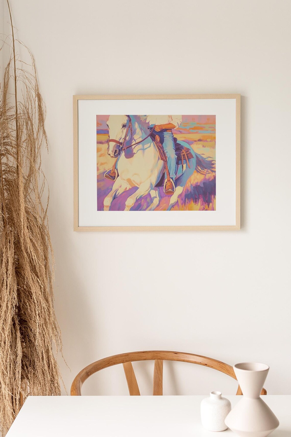 Colorful Cowboy Riding White Horse Western Sunset Painting Art Poster - Image 2