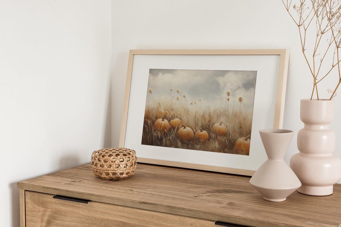 Pumpkin Field at Harvest Autumn Landscape Rustic Farm Painting Poster - Image 3