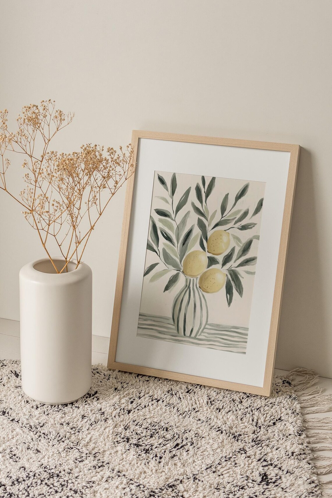 Lemons Gray Green Leaves Striped Vase Minimalist Painting Poster - Image 2