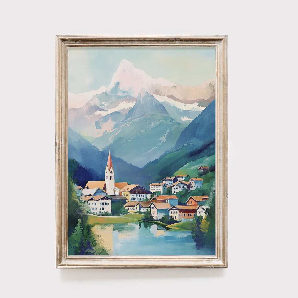 Alpine Village Art Print Mountain Landscape Painting Swiss Scenery Wall Decor Colorful European Town Church Steeple Lake View