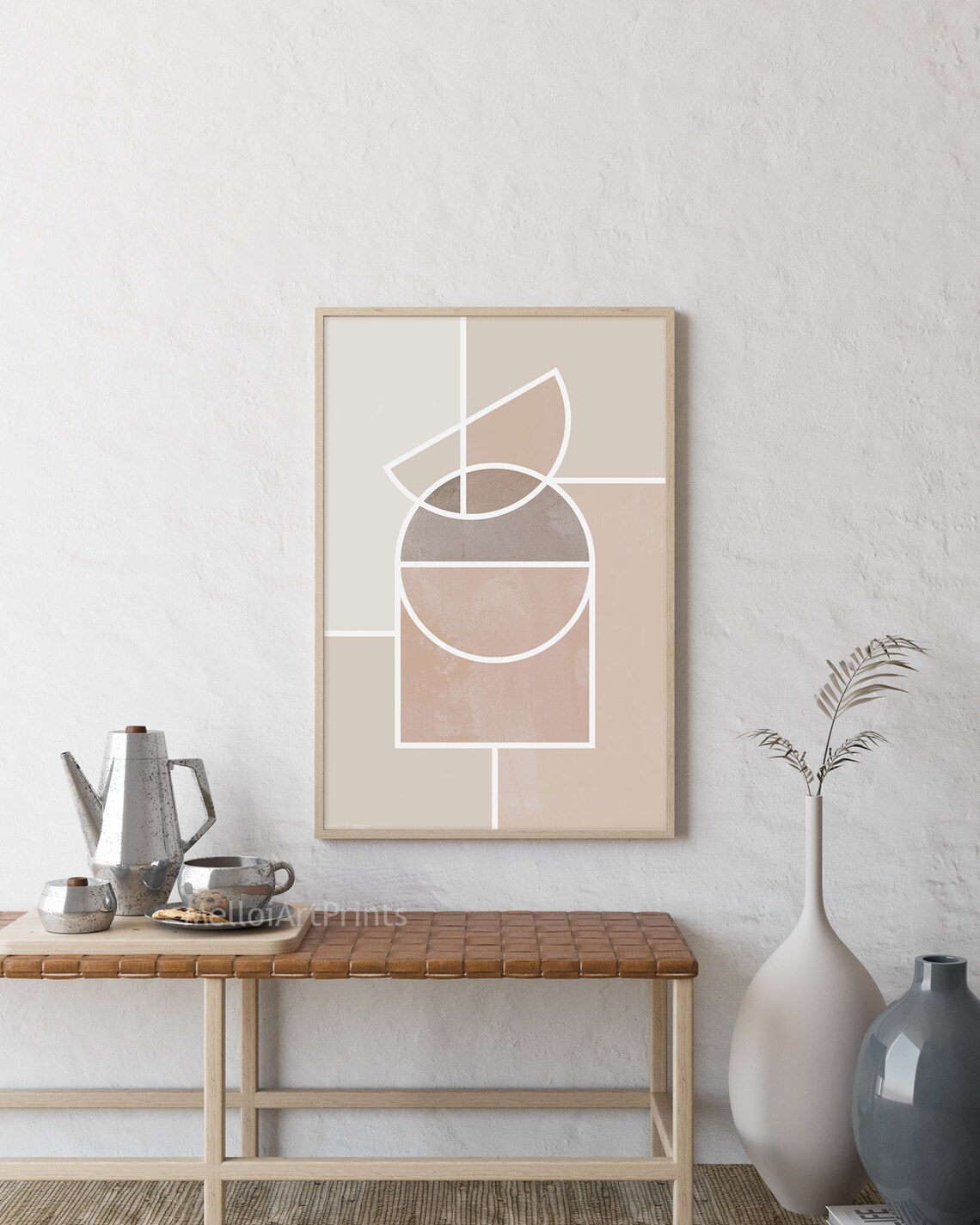 Geometric Shapes Abstract Art Beige White Line Mid Century Poster - Image 3