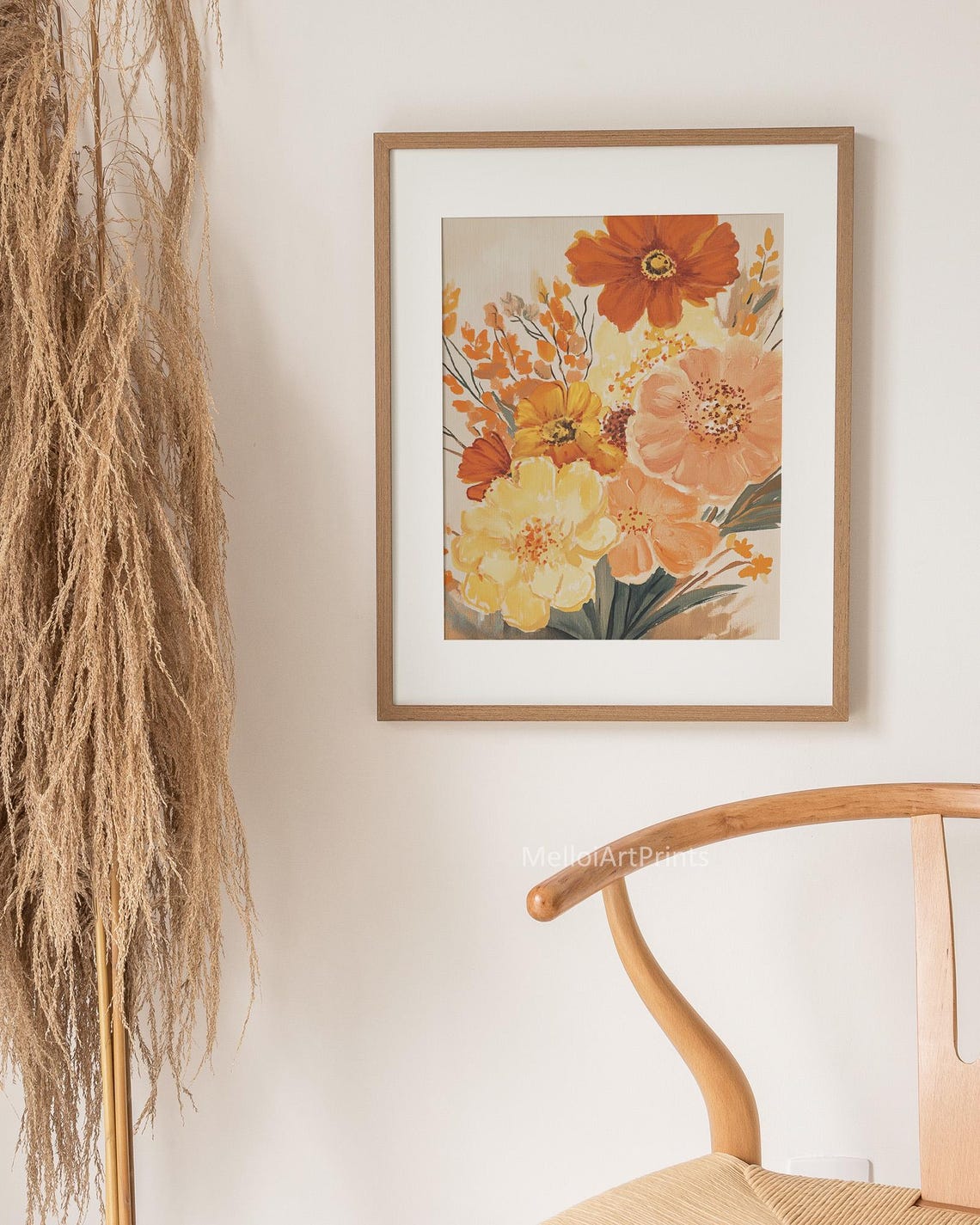 Burnt Orange Golden Yellow Wildflower Floral Boho Bouquet Wall Art - Image 2