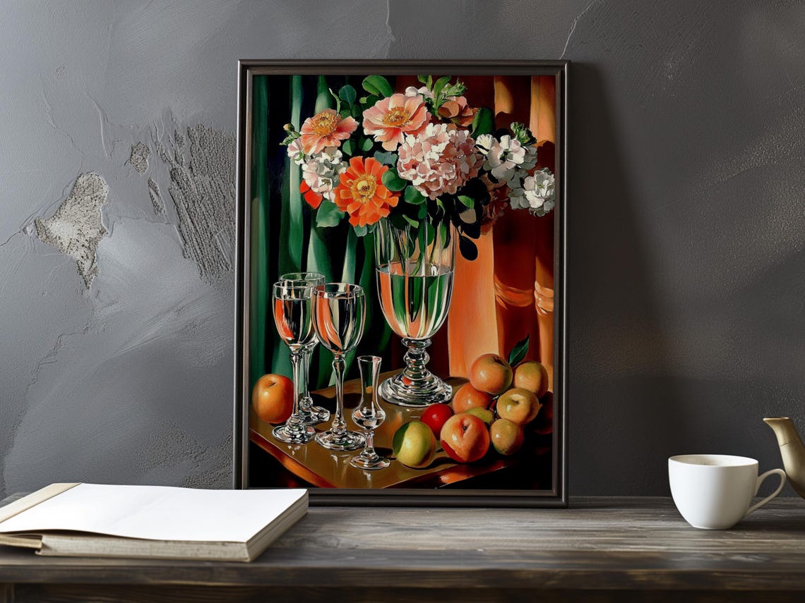 Zinnias And Peaches Still Life Tall Glass Vase Cezanne Style Poster