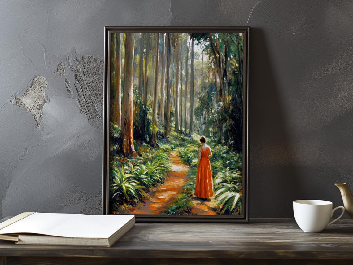 Woman in Orange Gown on a Forest Trail Among Towering Trunks Poster