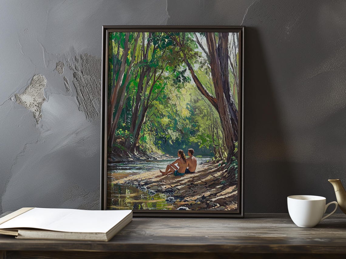 Couple Resting at a Dappled Woodland River Edge Summer Poster