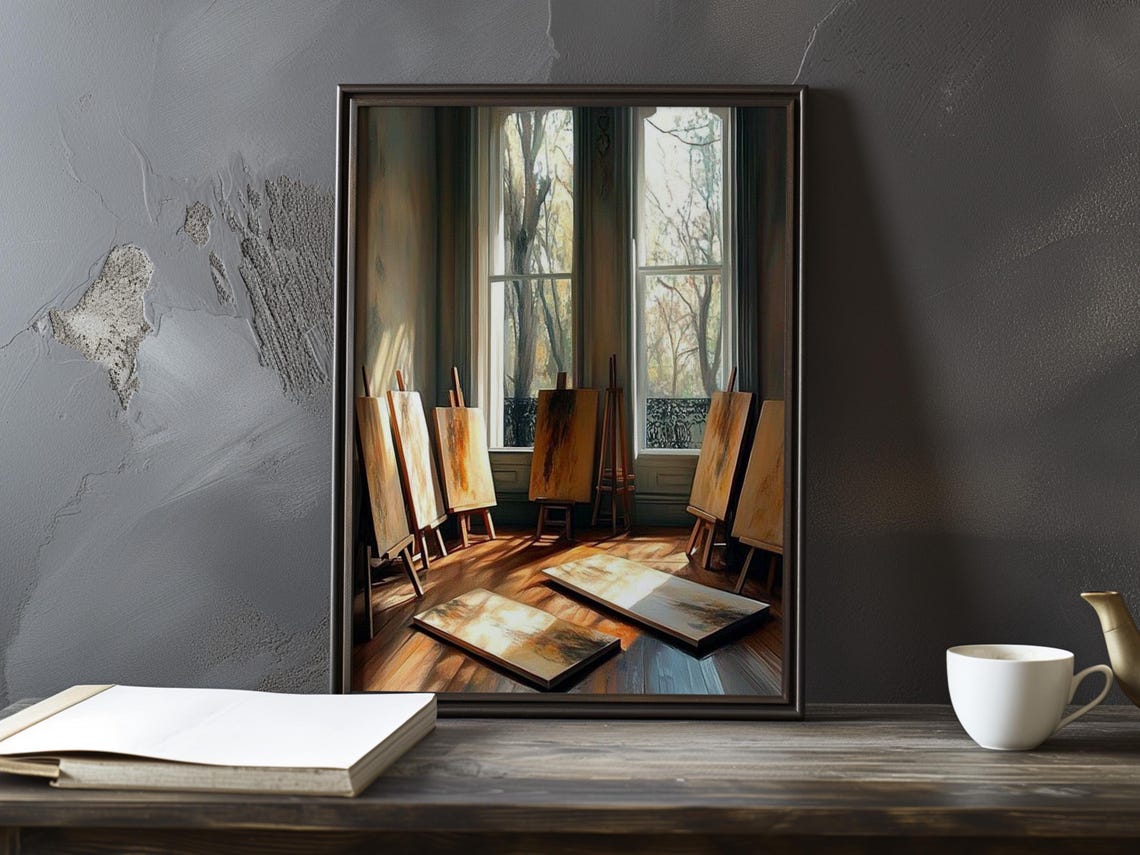 Row of Easels by Tall Autumn Windows Artist Studio Interior Poster