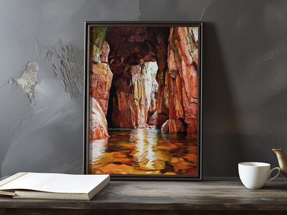 Red Rock Grotto with Sunlight Streaming Over Still Water Poster